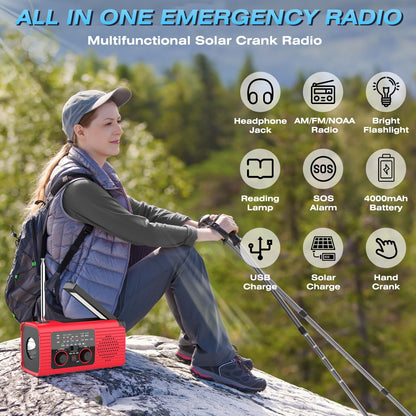 NITIGO Emergency Weather Radio, 4000mAh NOAA Weather Alert Radio Solar Charging, Hand Crank & USB Charged, AM/FM with LED Flashlight, Reading Lamp, SOS Alarm, Headphone Jack for Outdoor Indoor
