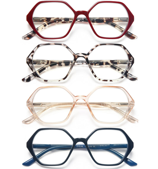 EYEURL 4-Pack Reading Glasses for Women Blue Light Blocking Reading Glasses Vintage Design Diamond-Shaped Frame Spring Hinge Readers for Women Men Anti Glare Filter Lightweight Eyeglasses,3.0