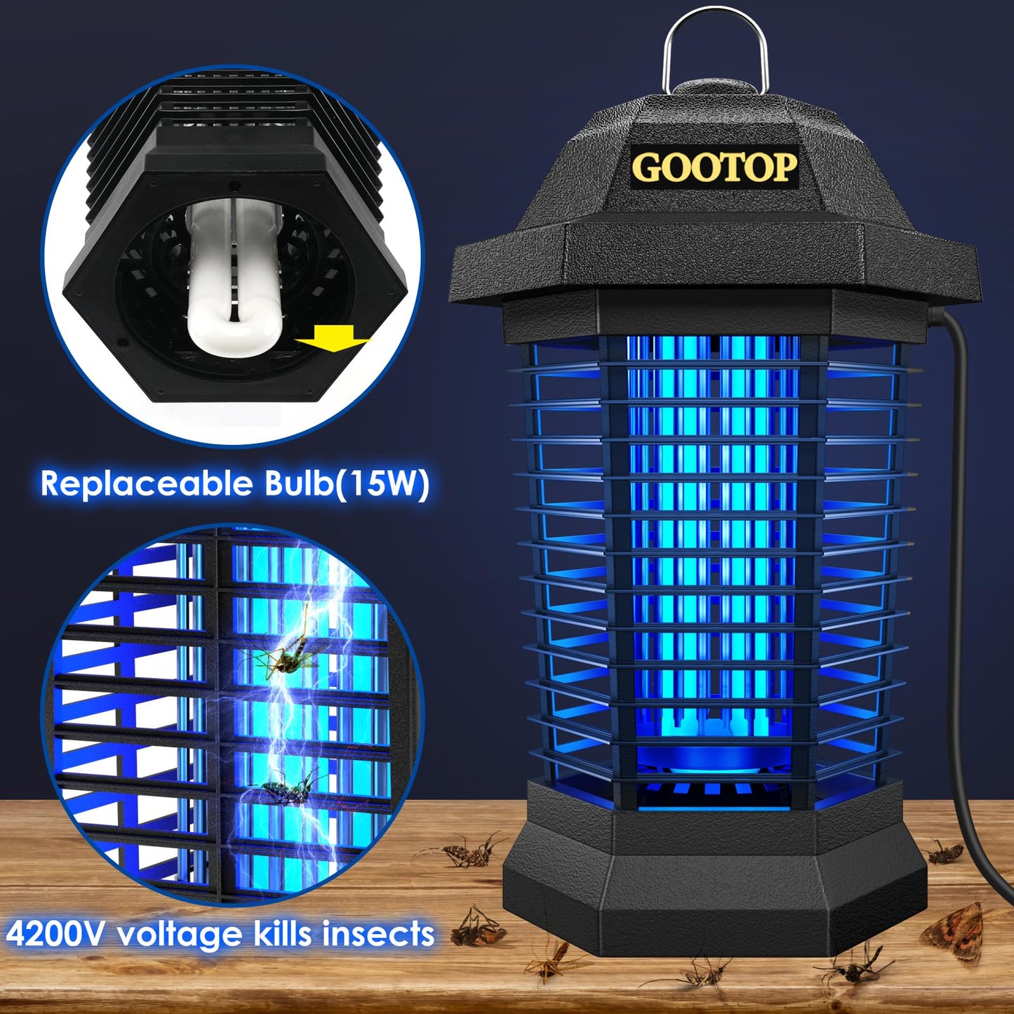 GOOTOP Bug Zapper Outdoor, Mosquito Zapper, 3 Prong Plug in Electric Fly Zapper, Mosquito Killer, Fly Traps, Flying Insects Zapper Indoor Outdoor 90-130V, 4200V, ABS Plastic Outer (Black)