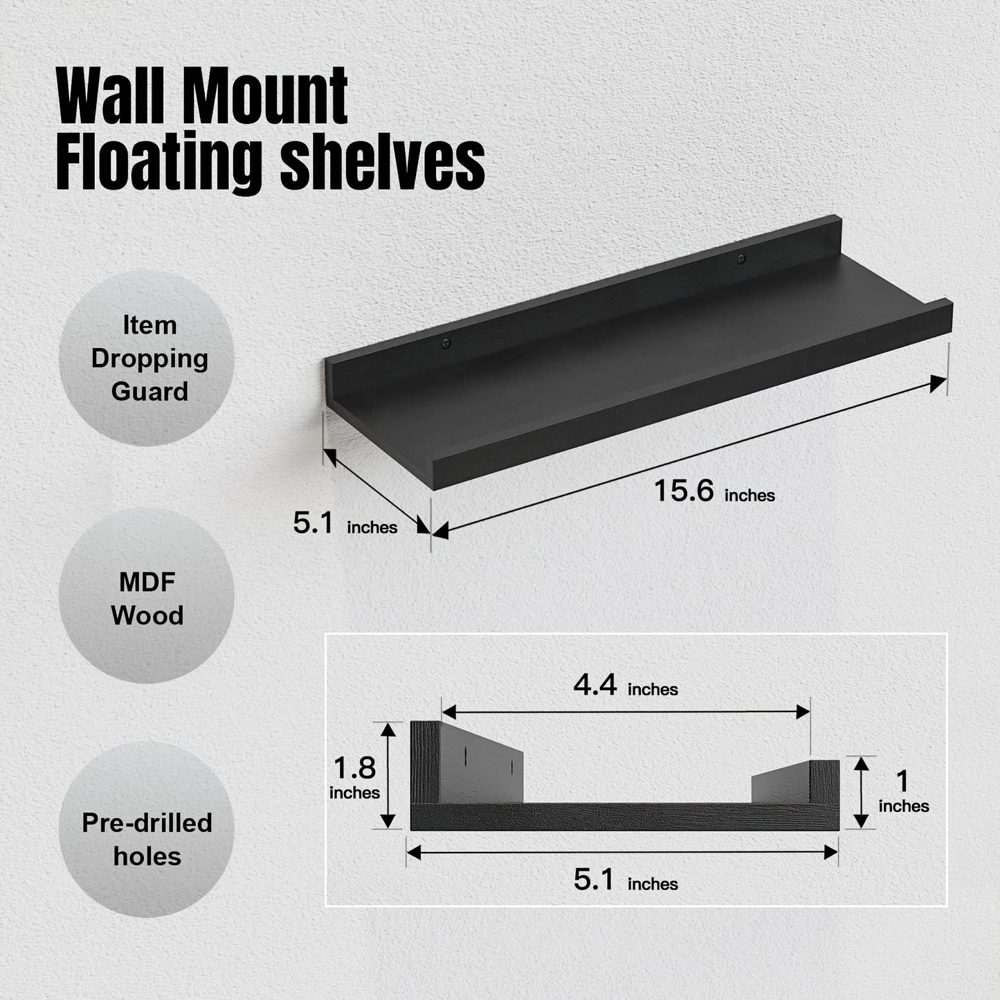 RICHER HOUSE 5 Set Floating Wall Mounted Shelves, Black Shelves for Wall Decor, Modern Picture Ledge Shelf with Lip for Storage, Nursery, Bedroom, Living Room, Bathroom - Black