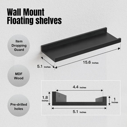 RICHER HOUSE 5 Set Floating Wall Mounted Shelves, Black Shelves for Wall Decor, Modern Picture Ledge Shelf with Lip for Storage, Nursery, Bedroom, Living Room, Bathroom - Black