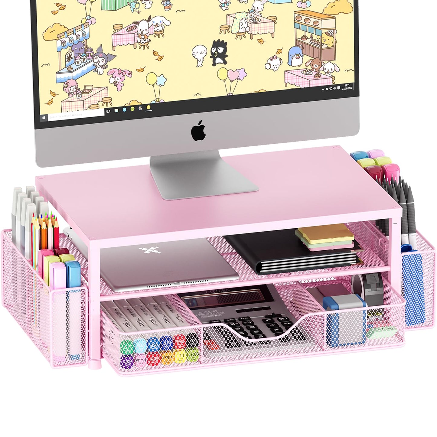 OPNICE Desk Organizers and Accessories, 2-Tier Computer Monitor Stand Riser with Drawer and 2 Pen Holders, Laptop Stand, Office Desk Accessories for Office Supplies, Pink