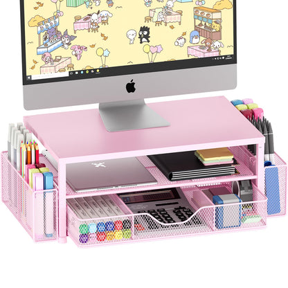 OPNICE Desk Organizers and Accessories, 2-Tier Computer Monitor Stand Riser with Drawer and 2 Pen Holders, Laptop Stand, Office Desk Accessories for Office Supplies, Pink