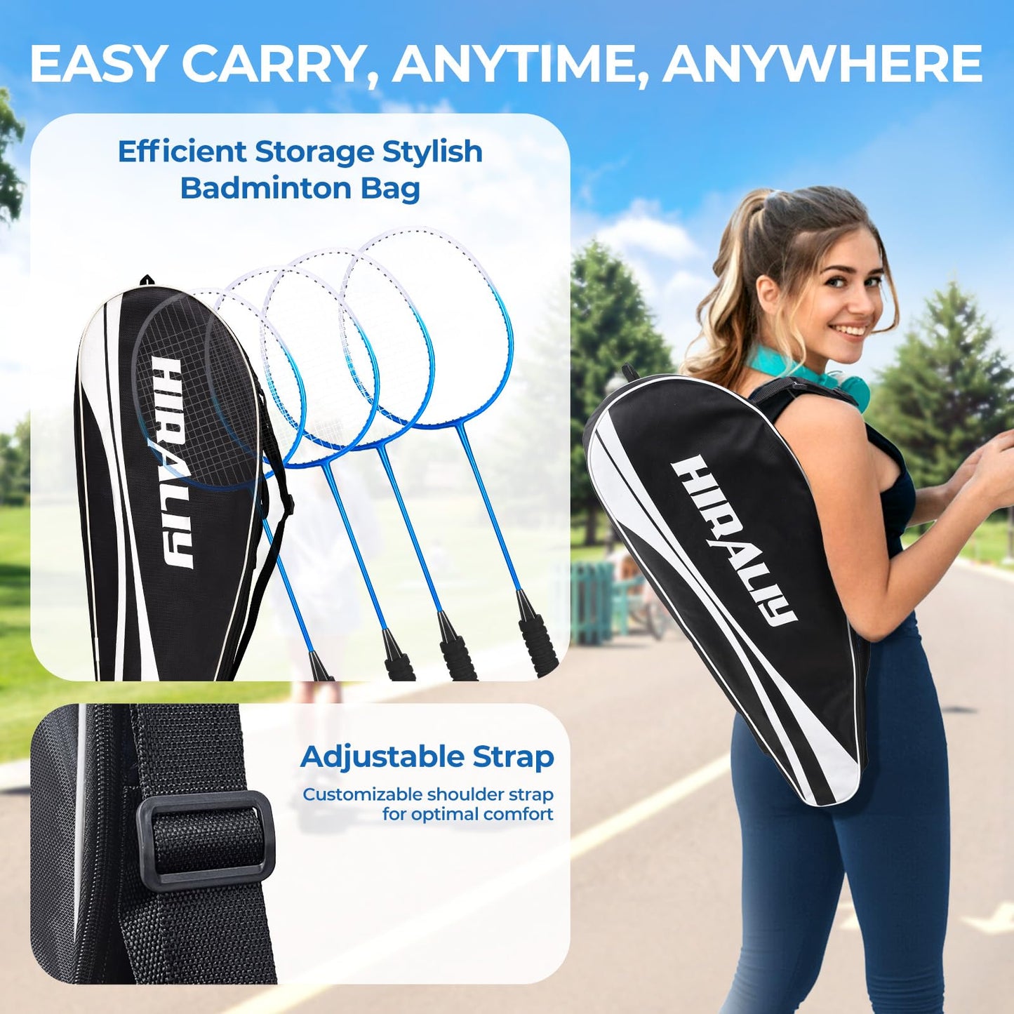 HIRALIY Badminton Rackets Set for Backyards, Lightweight Badminton Set of 4, Includ 4 Rackets, 12 Nylon Birdies, Replacement Grip Tapes, 1 Carrying Bag, Outdoor Games for Adults Family Kids Beginners