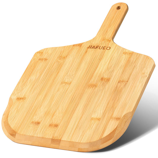 JIAFUEO Pizza Peel 12 inch, Bamboo Pizza Paddle Spatula - Wooden Serving Board, Oven Accessory for Baking Homemade, Wood Cutting Board for Cheese Bread Fruit Vegetables