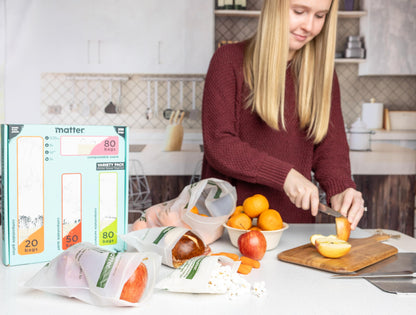 Matter Compostable Assorted Kitchen Bags, 230 Count, Biodegradable, Eco-Friendly Resealable Food Storage Variety Pack, 80 Snack, 80 Sandwich, 50 Quart & 20 Gallon