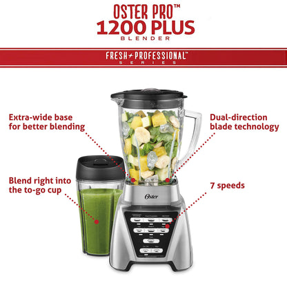 Oster Blender | Pro 1200 with Glass Jar, 24-Ounce Smoothie Cup, Brushed Nickel, Smart Settings Technology, 7 Speeds, Dual Direction Blade, 1200 Watts Power