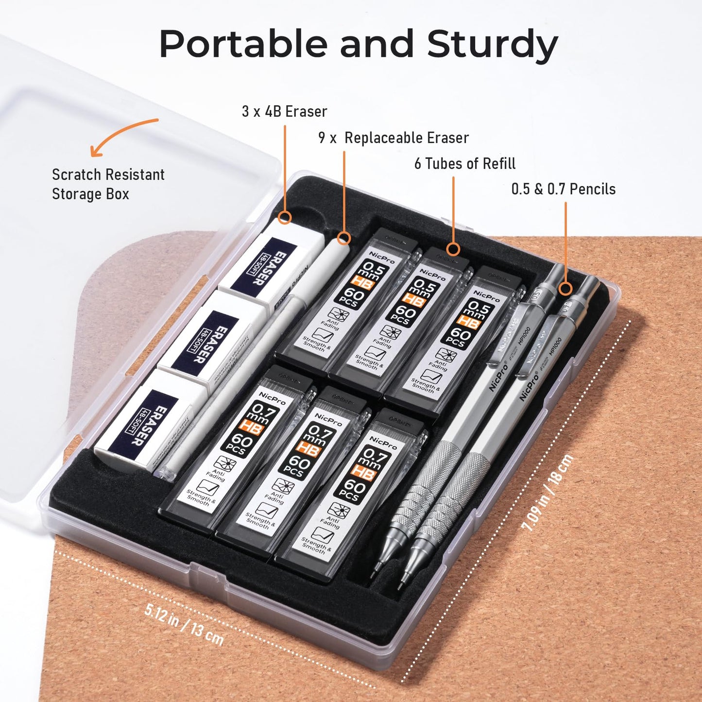 Nicpro 2 PCS Mechanical Pencil 0.5mm & 0.7 mm with Case, MP1000 Metal Artist Pencil Set with 6 Tubes HB Lead Refills, 3 Erasers, 9 Eraser Refills For Art Writing Drafting, Drawing, Sketch, Silver