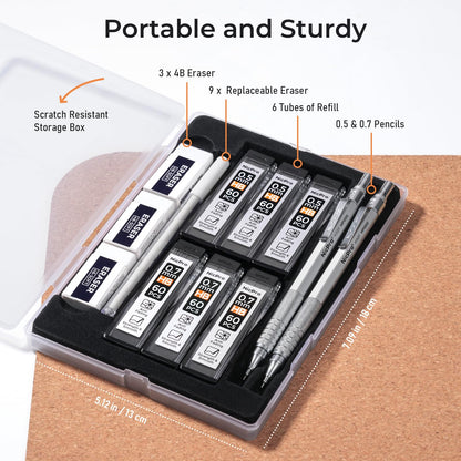 Nicpro 2 PCS Mechanical Pencil 0.5mm & 0.7 mm with Case, MP1000 Metal Artist Pencil Set with 6 Tubes HB Lead Refills, 3 Erasers, 9 Eraser Refills For Art Writing Drafting, Drawing, Sketch, Silver