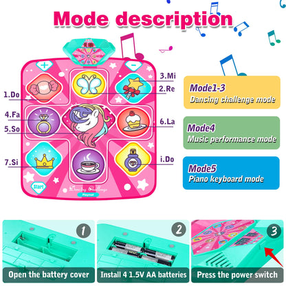 Kusntin Unicorn Dance Mat, Dance Mixer Rhythm Step Play Mat, Pink Dance Pad with LED Lights, Adjustable Volume, Built-in Music, 5 Game Modes, Xmas B-Day Gifts for 3-12 Years Old Girls Toys