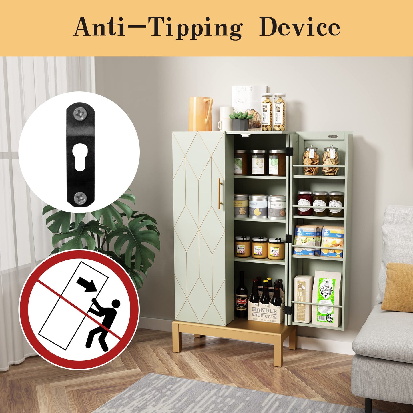 HOLTICO 45'' Kitchen Food Pantry Storage Cabinet with Doors and Adjustable Shelves for Kitchen,Dining Room,Living Room and Garage,Gold Lines and Legs,Green.