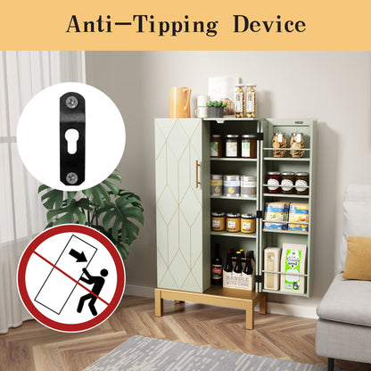 HOLTICO 45'' Kitchen Food Pantry Storage Cabinet with Doors and Adjustable Shelves for Kitchen,Dining Room,Living Room and Garage,Gold Lines and Legs,Green.