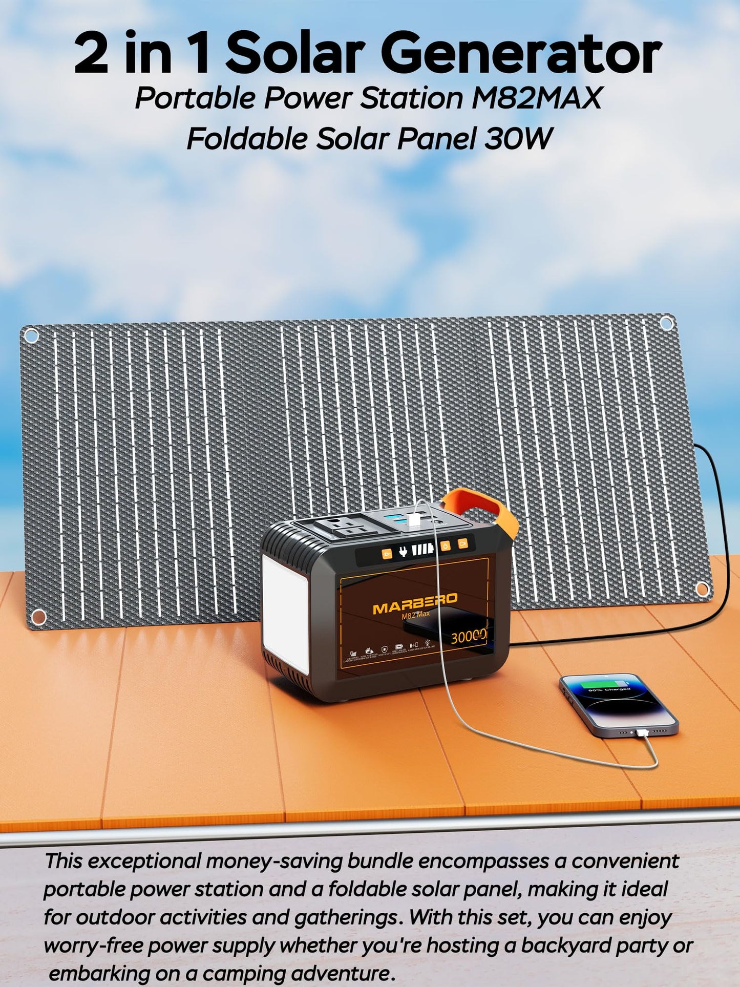 MARBERO 111Wh Solar Generator with Solar Panel Included Portable Power Station 120W with Foldable Panel 30W Set for Camping Outdoor Hiking Fishing Emergency