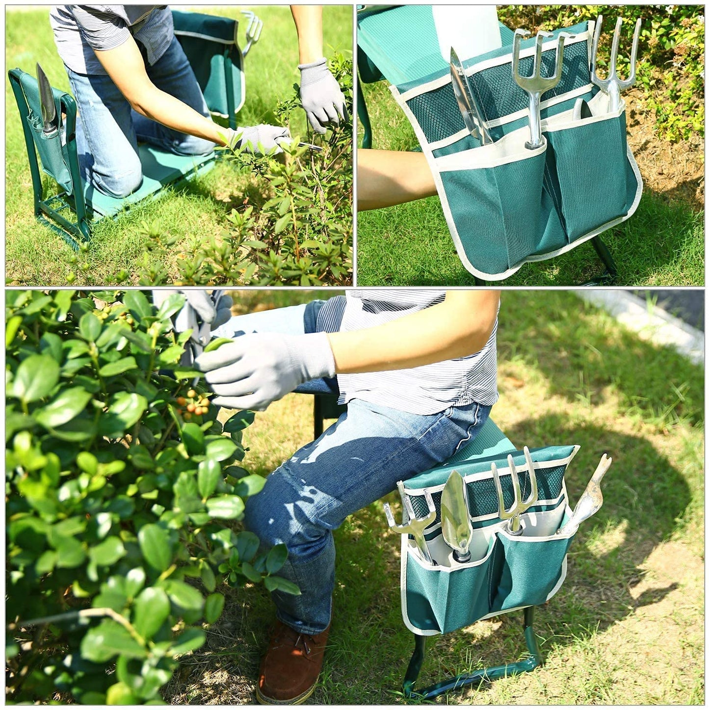 Ohuhu Garden Kneeler and Seat, Heavy Duty Garden Stool with EVA Foam Kneeling Pad, Foldable Gardening Bench with 2 Tool Pouches, 2-in-1 Portable Gardening Supplies, Idea Gifts for Women Men Seniors