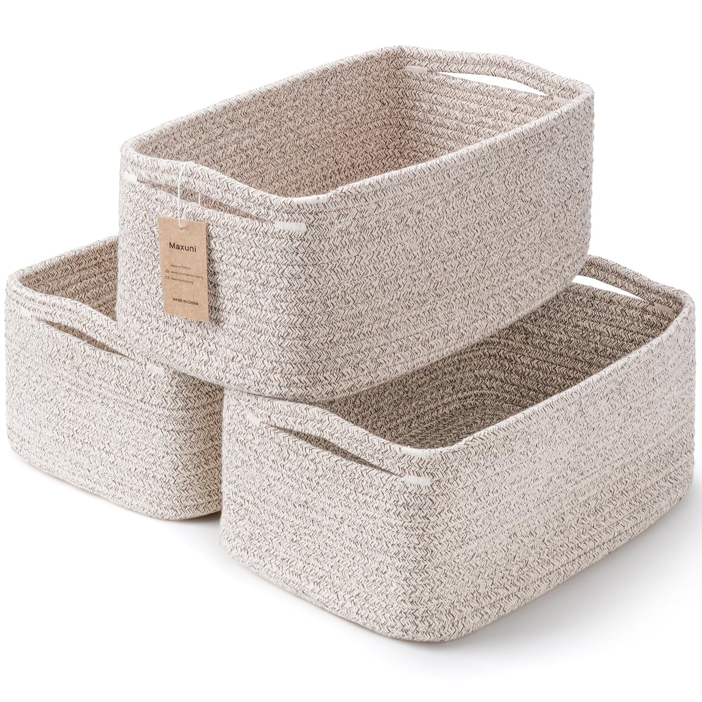Maxuni 3-Pack Small Storage Baskets for Organizing | Woven Shelf Toy Basket | Rope Baskets for Gifts Empty | Closet Organizer Bins with Handles | Cube Decorative Box | 11.8×7.8×5.1” | Mixed brown