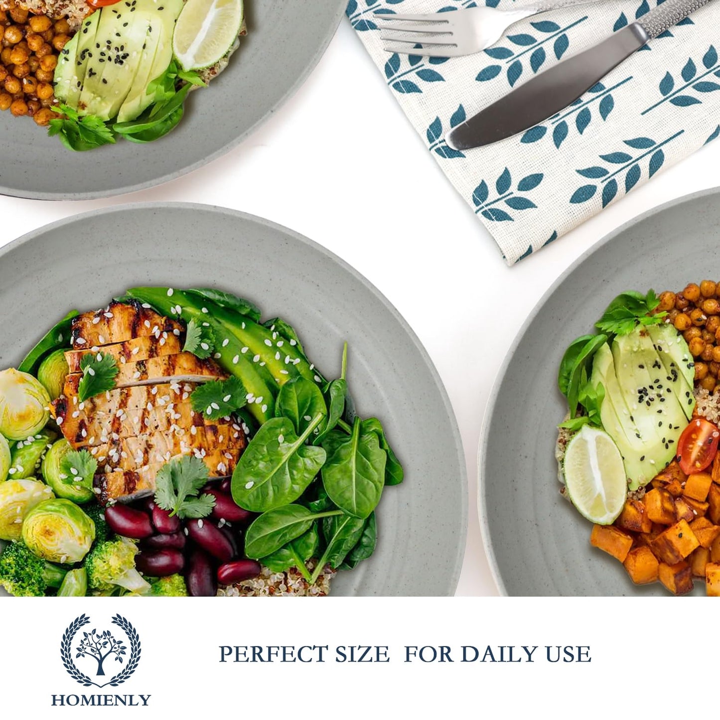 Homienly Deep Dinnerware Set of 12 - Alternative to Plastic, Microwave & Dishwasher Safe Wheat Straw Plates for Kitchen - Unbreakable Kids Plates (Grey, 10 inch)