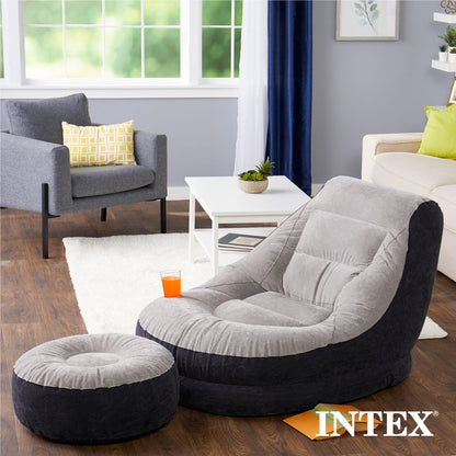 Intex 68564EP Ultra Lounge Inflatable Chair: Built-in Cupholder – Ottoman Foot Rest – 2-in-1 Valve – Flocked Construction – 220lb Weight Capacity