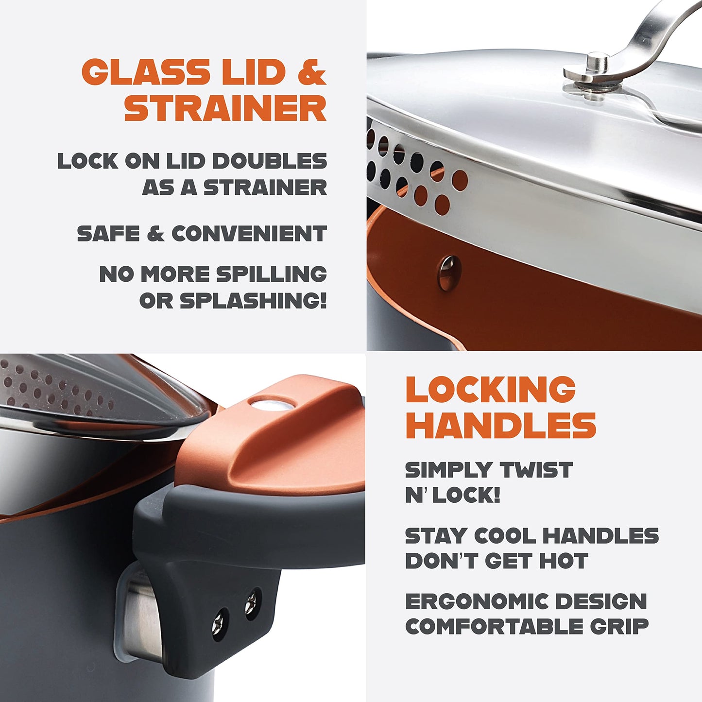 GOTHAM STEEL 5 Qt Ceramic Stock Pot Multipurpose Pasta Pot with Strainer Lid & Twist and Lock Handles, Nonstick Ceramic for Soup, Spaghetti, Rice, Pots for Kitchen, Dishwasher Safe - Copper