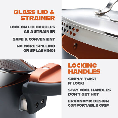 GOTHAM STEEL 5 Qt Ceramic Stock Pot Multipurpose Pasta Pot with Strainer Lid & Twist and Lock Handles, Nonstick Ceramic for Soup, Spaghetti, Rice, Pots for Kitchen, Dishwasher Safe - Copper