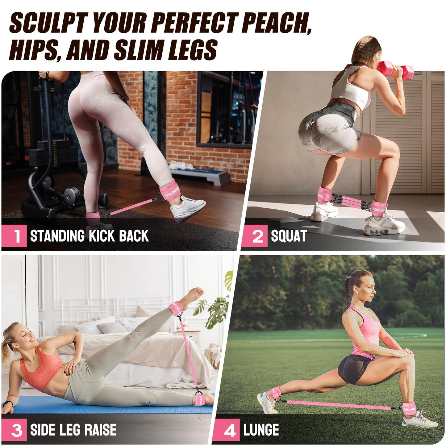KUZARO Ankle Resistance Bands with Cuffs, Ankle Weights Bands for Working Out, Women Leg and Glutes Workout Equipment, Exercise Bands for Kickbacks, Butt and Booty Trainer, Home Gym Fitness Equipment