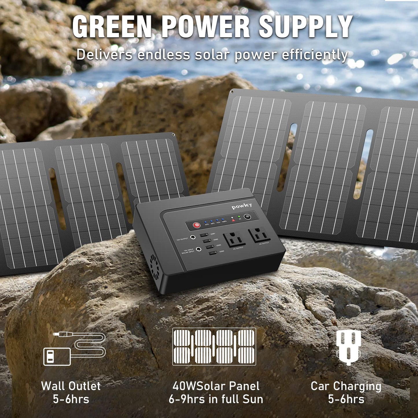 Powkey Solar Generator with Panel,200W Portable Power Station with Solar Panel 40W, 110V Pure Sine Wave DC/USB/AC Outlet Electric Generator Battery Backup for Outdoor Camping Emergency Home