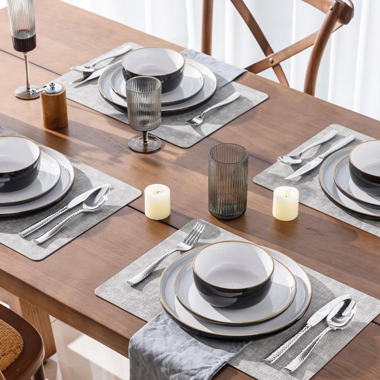 AmorArc Dinnerware Set - 12 Piece Ceramic Plates and Bowls, Stoneware Plates Handpainted, Dishwasher & Microwave Safe (Speckled Black & White, Service for 4)