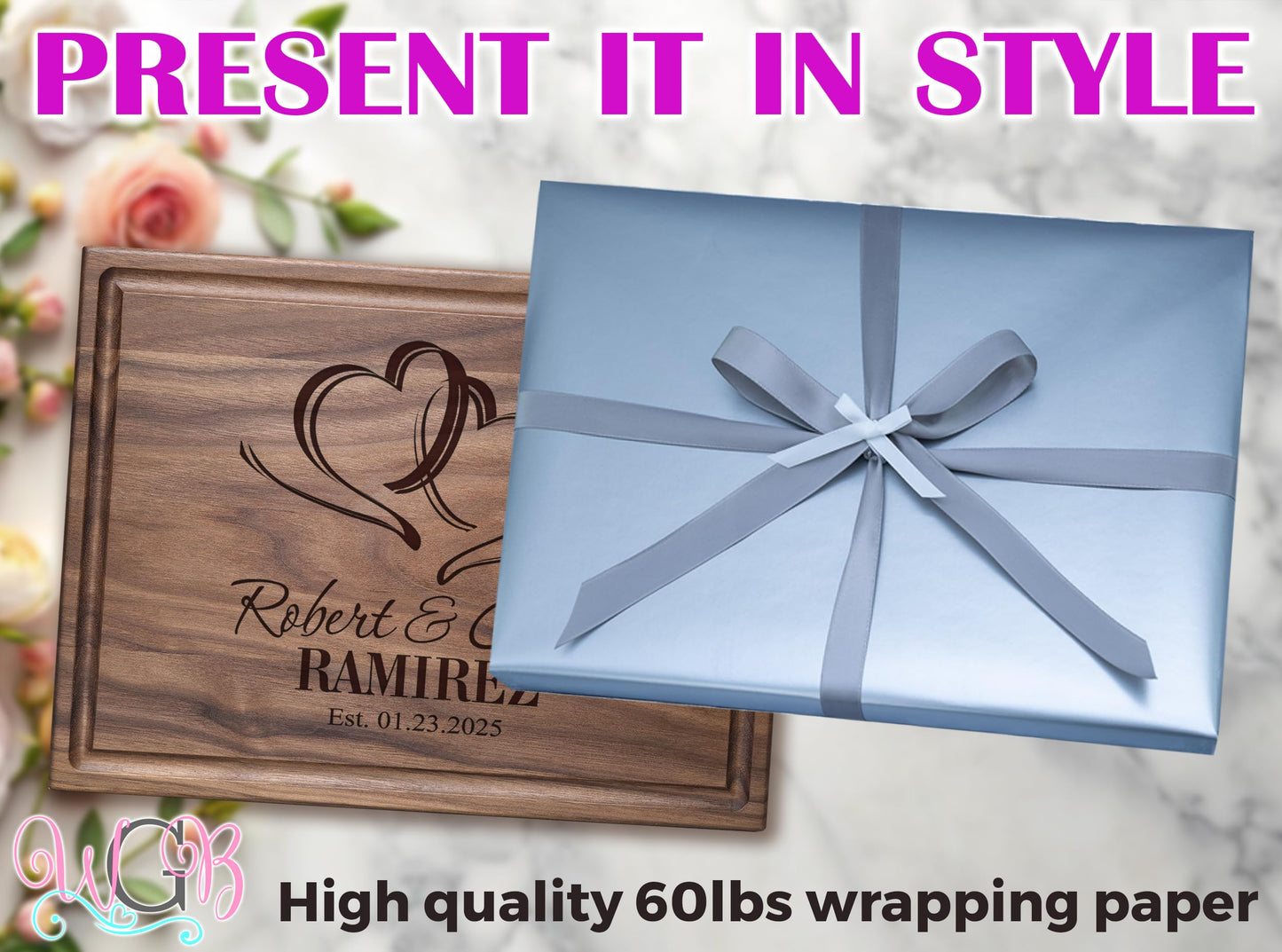 Personalized Cutting Board, Custom Wedding, Anniversary or Housewarming Gift Idea, Wood Engraved Charcuterie, for Newlyweds and Couples, Two Hearts Design 027