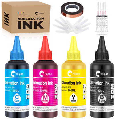 Hiipoo Sublimation Ink Refilled Bottles with Heat Tape Refill for ET2400 XP4105 XP4100 ET2720 ET2760 ET2750 ET4800 ET-2800 ET-2803 ET-2850 Inkjet Printers Heat Press Transfer on Mugs T-Shirts（BCMY）