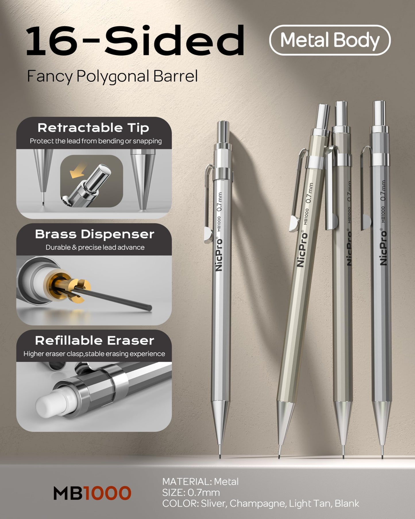 Nicpro 4 Pack Mechanical Pencil 0.7mm with Case, MB1000 Metal Mechanical Pencil Set with 6 Tube HB #2 Lead Refill 0.7 mm, 3PCS 4B Eraser, 9 Cap Eraser for Artist Drafting Writing, Sketching, Drawing