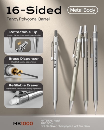 Nicpro 4 Pack Mechanical Pencil 0.7mm with Case, MB1000 Metal Mechanical Pencil Set with 6 Tube HB #2 Lead Refill 0.7 mm, 3PCS 4B Eraser, 9 Cap Eraser for Artist Drafting Writing, Sketching, Drawing
