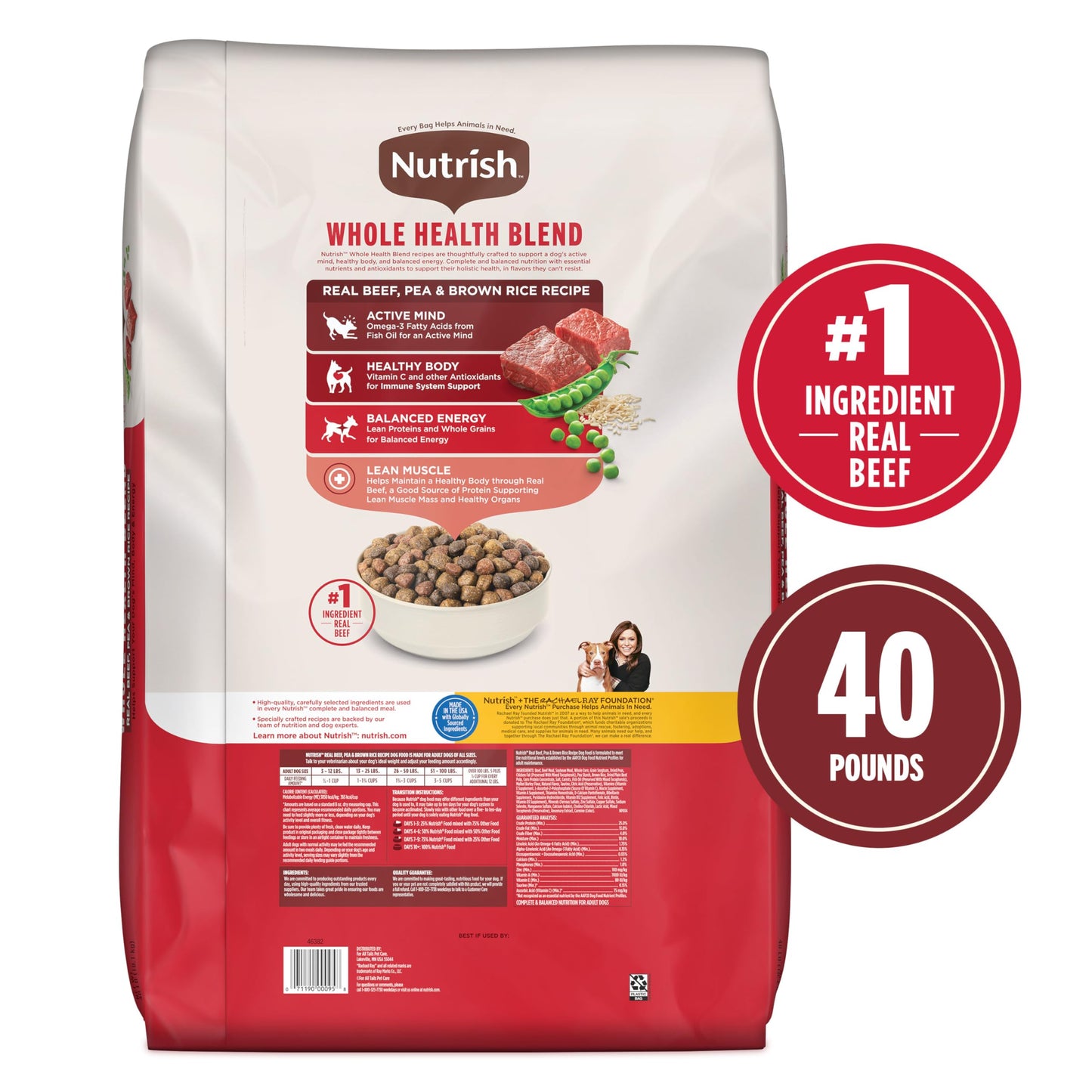 Nutrish Dry Dog Food, Real Beef, Pea & Brown Rice Recipe Whole Health Blend for Adult Dogs, 40 lb. Bag, Packaging May Vary (Rachael Ray)