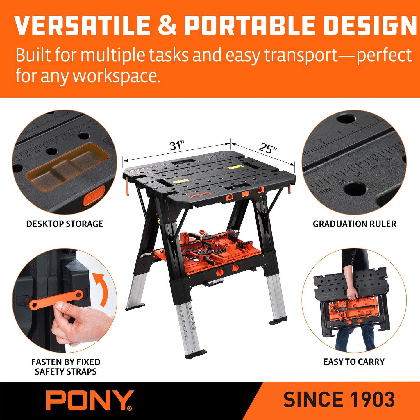 Pony Portable Folding Work Table, 2-in-1 as Sawhorse & Workbench, 31” W×25” D×25”-35”H, Large Load Capacity with 4pcs Clamps, 4pcs Bench Dogs