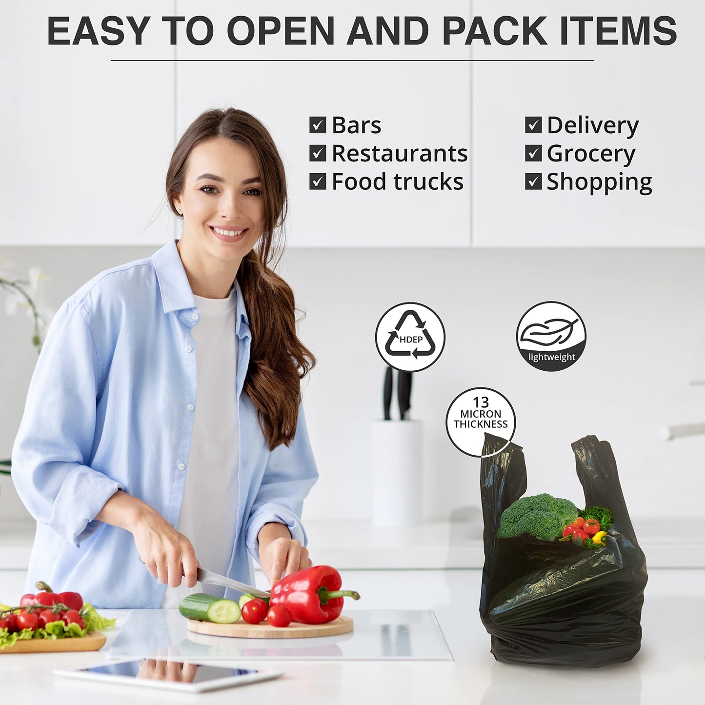 ACYPAPER, Black T-Shirt Bags in Bulk - 1000 Count - (11" x 6" x 21") - Restaurant Carryout Bags