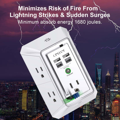 3-Sided Outlet Extender with Night Light - QINLIANF Multi Plug Outlet with 5 Outlets and 4 USB Ports(2 USB-C), USB Wall Charger for Home, Office, Travel, ETL Listed, White