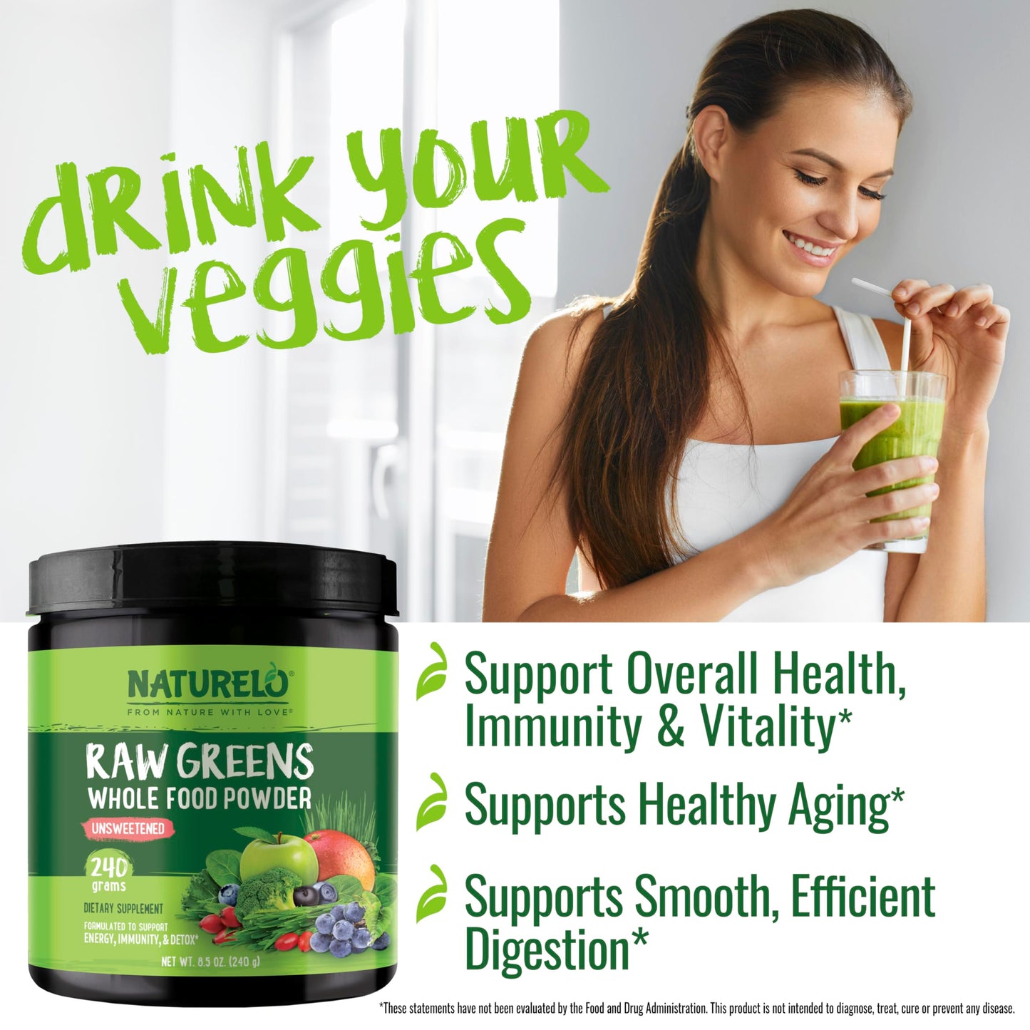 NATURELO Raw Greens Superfood Powder - Unsweetened - Boost Energy, Detox, Enhance Health - Organic Spirulina - Wheat Grass - Whole Food Nutrition from Fruits & Vegetables - 240 Grams