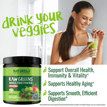 NATURELO Raw Greens Superfood Powder - Unsweetened - Boost Energy, Detox, Enhance Health - Organic Spirulina - Wheat Grass - Whole Food Nutrition from Fruits & Vegetables - 240 Grams