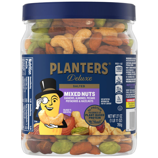 PLANTERS Deluxe Mixed Nuts, Cashews, Almonds, Pecans, Pistachios, Hazelnuts, Roasted with Sea Salt, Party Snacks, Plant-Based Protein Nut Mix, Snacks for Adults, After School Snack Mix, 27oz
