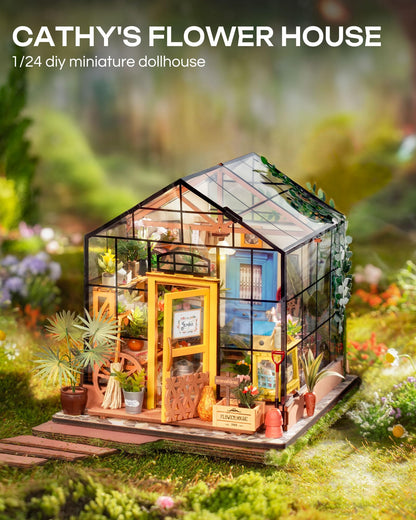 Rolife DIY Miniature House Kit-Mini Diorama 1/18 Greenhouse Dollhouse Building Kit with LED, Crafts for Adults Christmas Birthday Gift for Boys Girls Mom Home Decor (Cathy's Flower House)