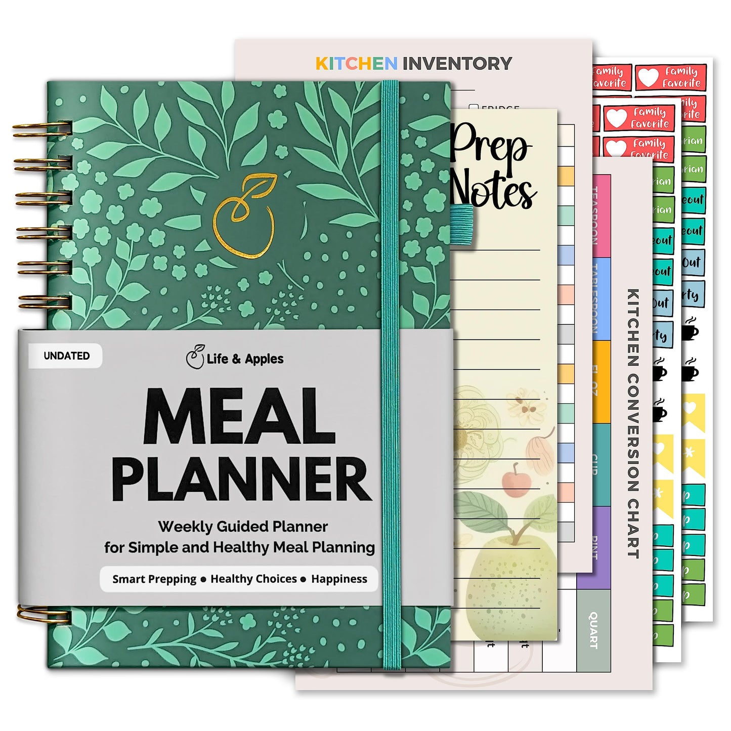 Life & Apples Meal Planner with Grocery List – Undated Weekly Menu & Meal Prep Notebook for Women & Men, Healthy Eating & Weight Loss Planner, 52-Week Spiral Bound Journal, Forest