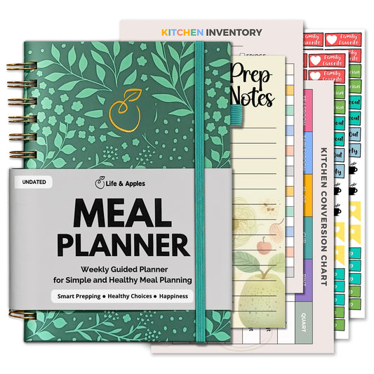 Life & Apples Meal Planner with Grocery List – Undated Weekly Menu & Meal Prep Notebook for Women & Men, Healthy Eating & Weight Loss Planner, 52-Week Spiral Bound Journal, Forest
