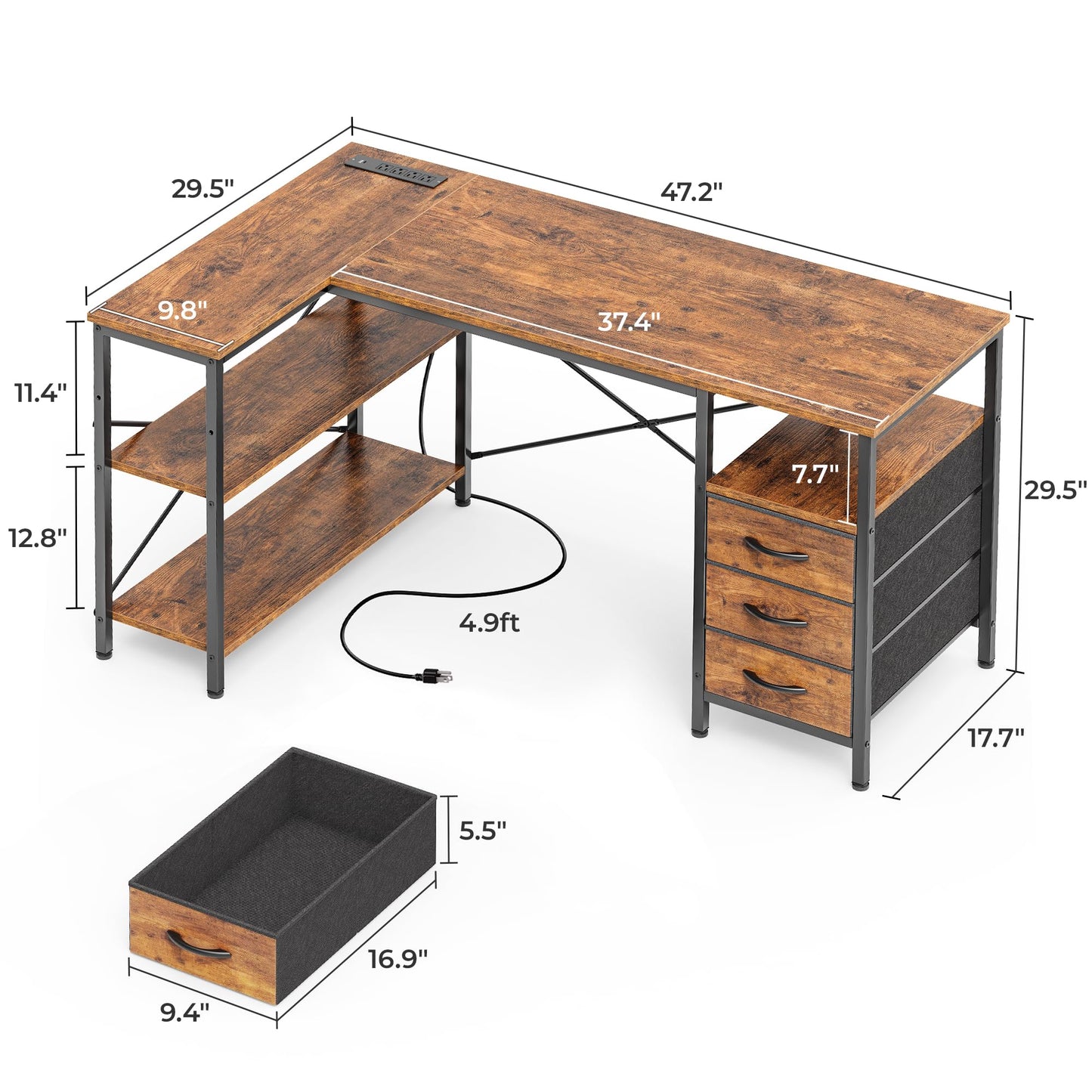 Huuger L Shaped Office Desk with Power Outlets, 47 Inch Computer Desk with 3 Drawers, Shelves, for Gaming, Corner Work, Home Office, Study, Rustic Brown