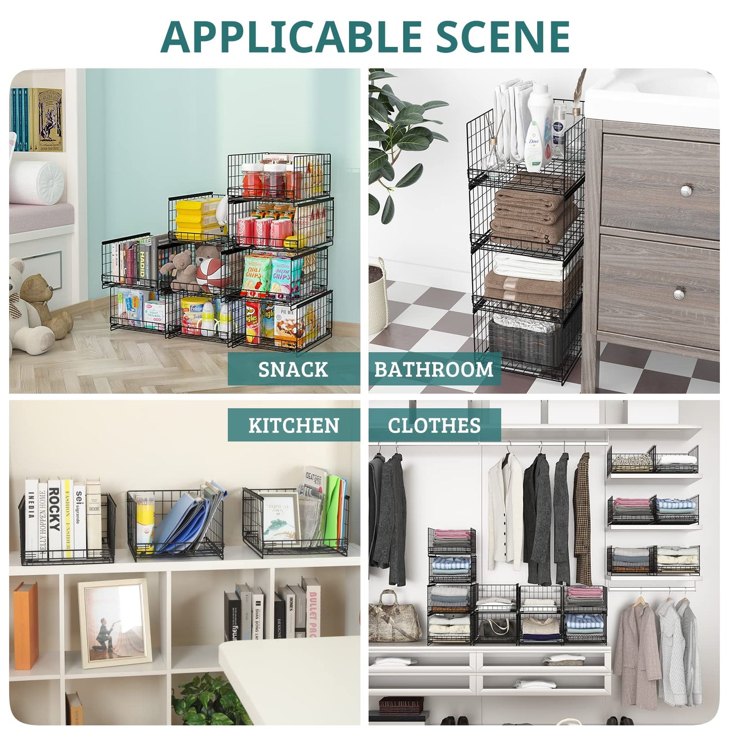 Hongtamoya 4-Tier Stackable Closet Organizers and Storage Shelves, Clothes Storage Basket, Clothes Shelf Organizer Sweater Organizer Bins Container for Wardrobe Kitchen Bathroom Office, Black