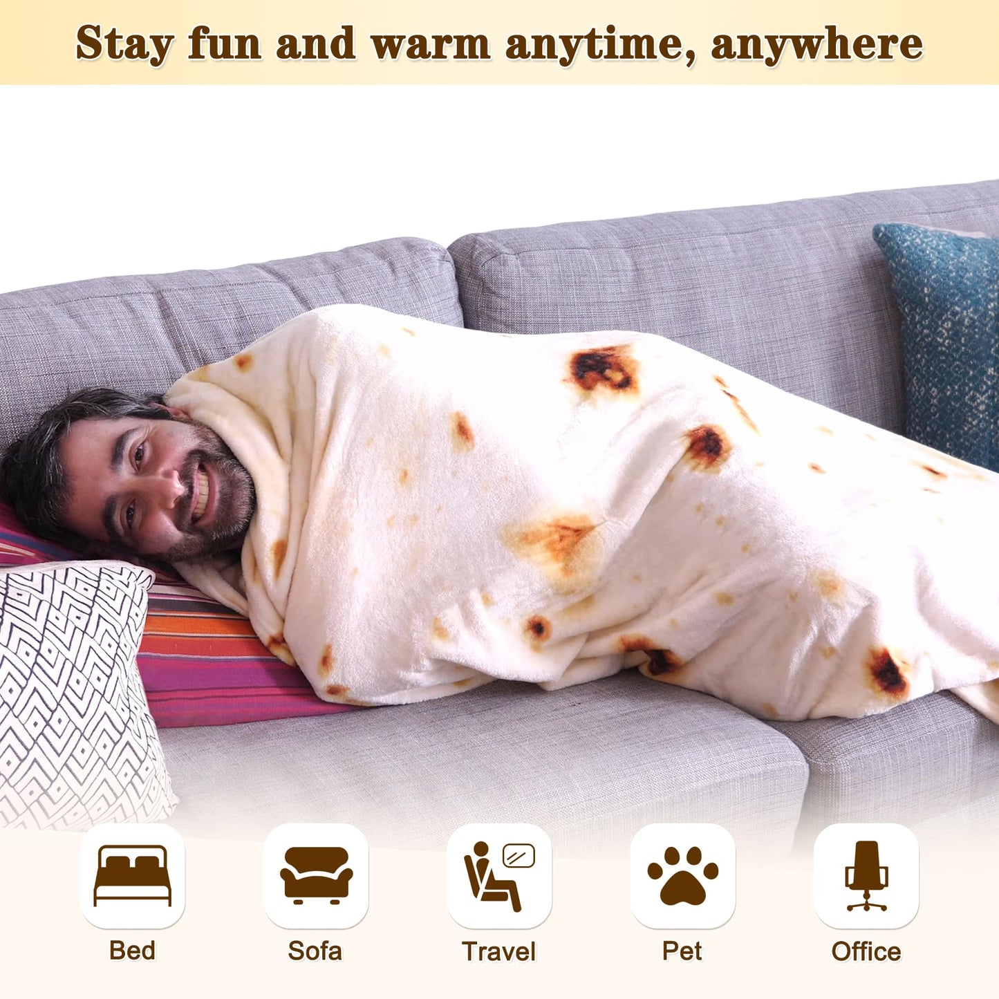 mermaker Burritos Tortilla Throw Blanket 2.0 Double Sided 80 inches for Adult and Kids, Giant Funny Realistic Food Blanket, 285 GSM Novelty Soft Flannel Taco Blanket (Yellow-Double Sided)