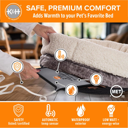 K&H Pet Products Pet Bed Warmer, Turn Any Pet Bed Into a Heated Cat or Dog Bed, Waterproof Indoor Heated Warming Pad Insert, Automatic Temperature, Safety Listed - Large 24.5 X 11.75in Gray