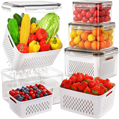 4 PCS Fruit Storage Containers for Fridge, Produce Containers for Fridge with Removable Colander, All-In-One Fruit Washing Bowl with Strainer Microwave/Dishwasher Safe for Salad Berry Lettuce Keeper