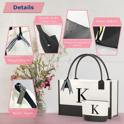 OATALY Monogrammed Canvas Tote Bag with Zipper Pockets - Ideal Gift for Mom, Teacher, Sister