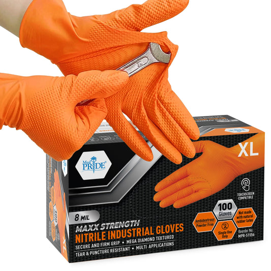 MED PRIDE Maxx Strength Nitrile Industrial 8 Mil Thick 100 Gloves/Large - Diamond Texture Disposable Safety- Heavy-Duty, Tear-Resistant Mechanic Automotive Food Handling Gloves- Orange