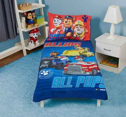 Paw Patrol Calling All Pups 4 Piece Toddler Bedding Set – Includes Comforter, Sheet Set – Fitted + Top Sheet + Reversible Pillowcase for Boys Bed, Blue