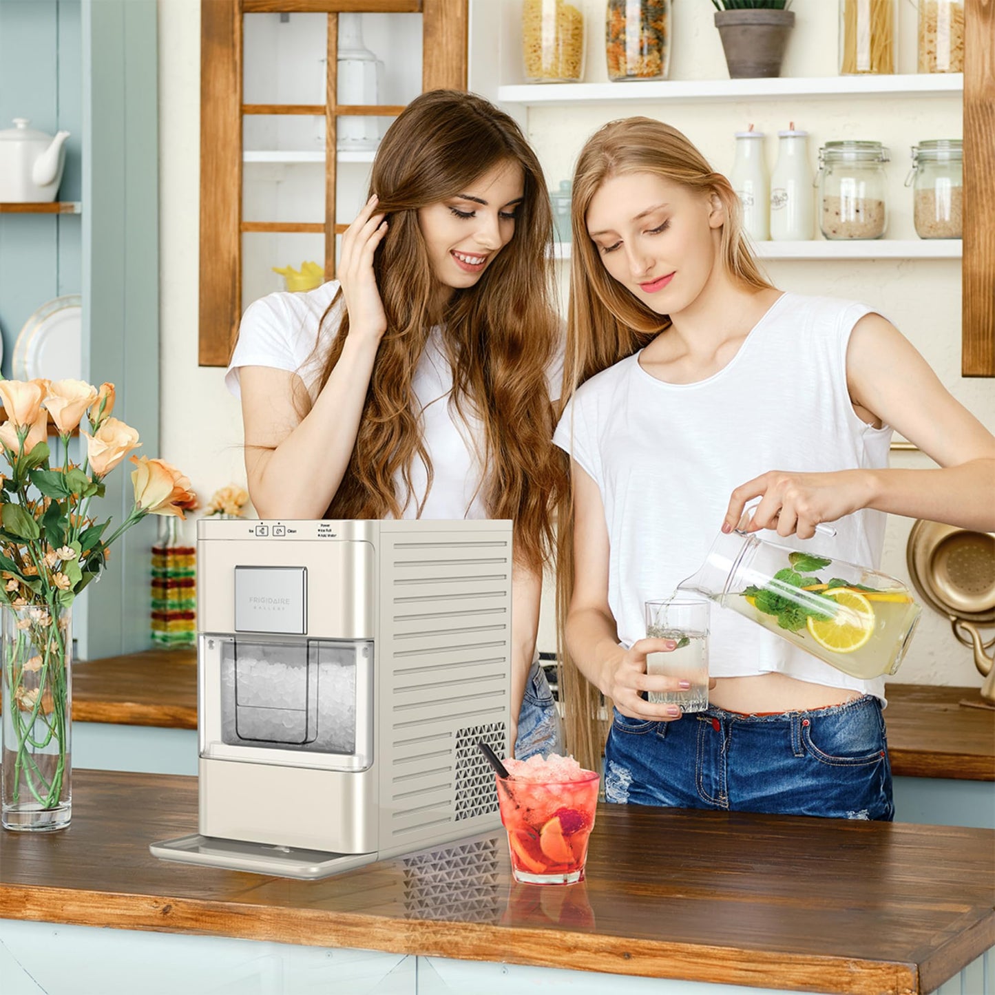 Frigidaire Nugget Ice Maker, Countertop Ice Machine with Transparent Window, Sonic Ice Maker with 44 lbs. Capacity, Auto Self Cleaning Ice Maker Machine, 2.0 Gen, Cream - 16.75D x 11.75W x 20.25H