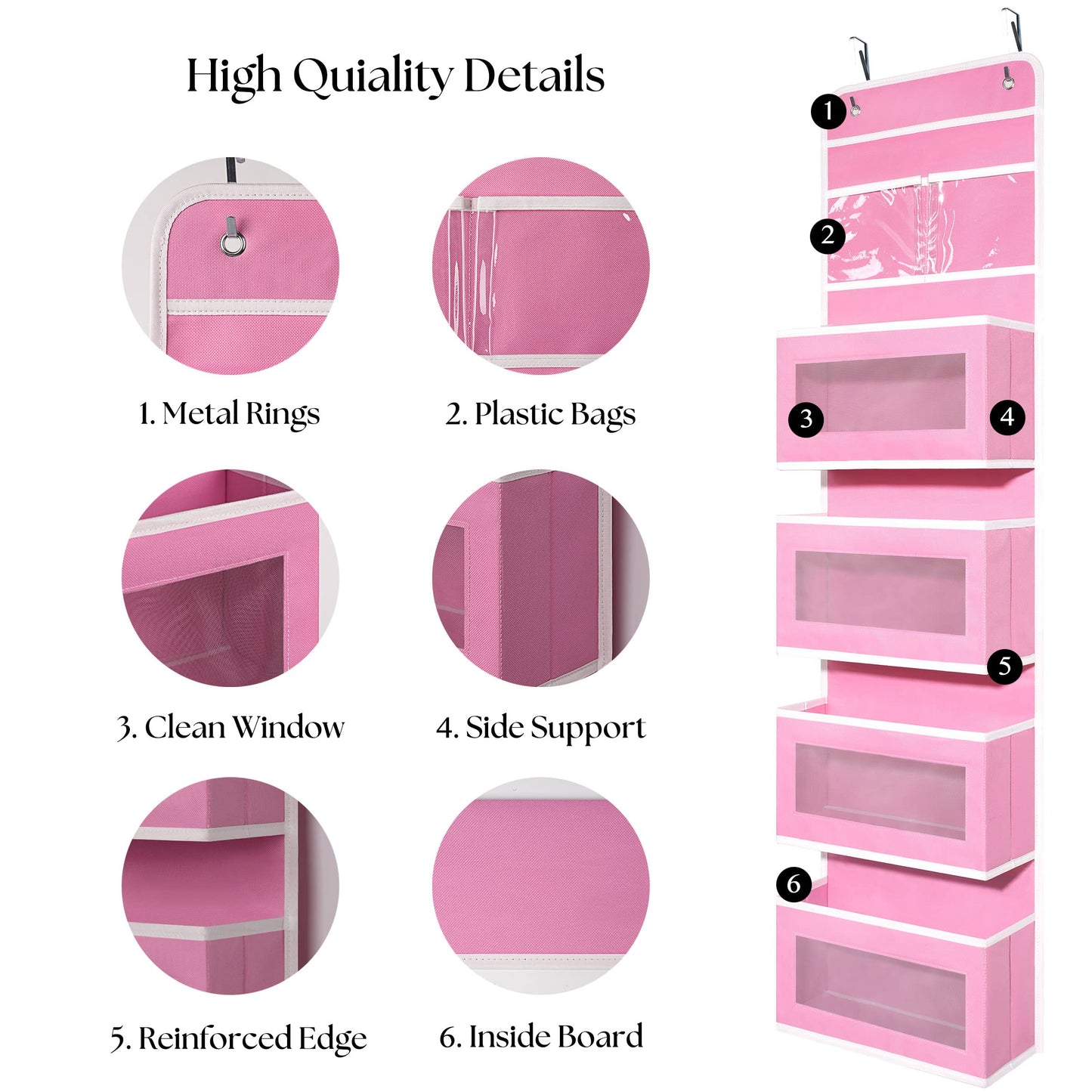 Over Door Organizer with 4 Large Capacity Pockets, Hanging Organizer Storage for Closet Bathroom Nursery Bedroom Dorm, Toys Cosmetics Sundries and Baby Essentials, Pink